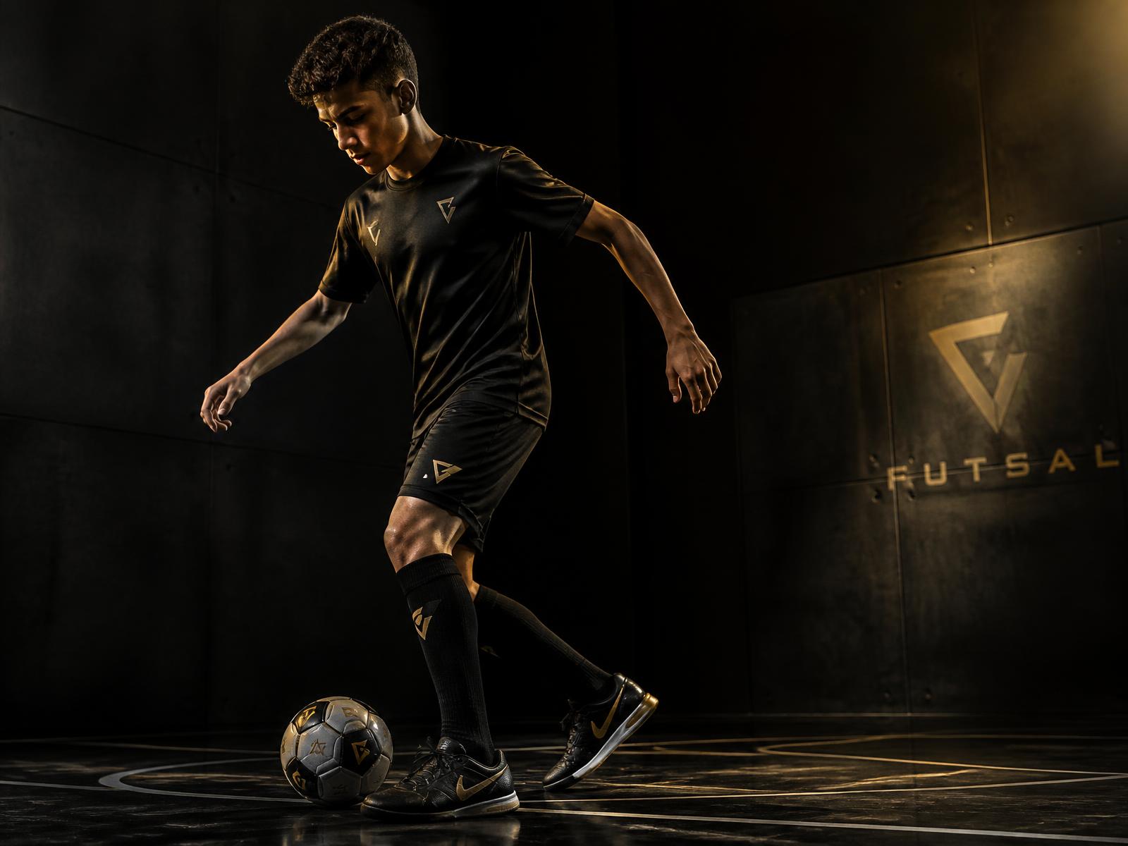 U13/U14 futsal player training under gold light